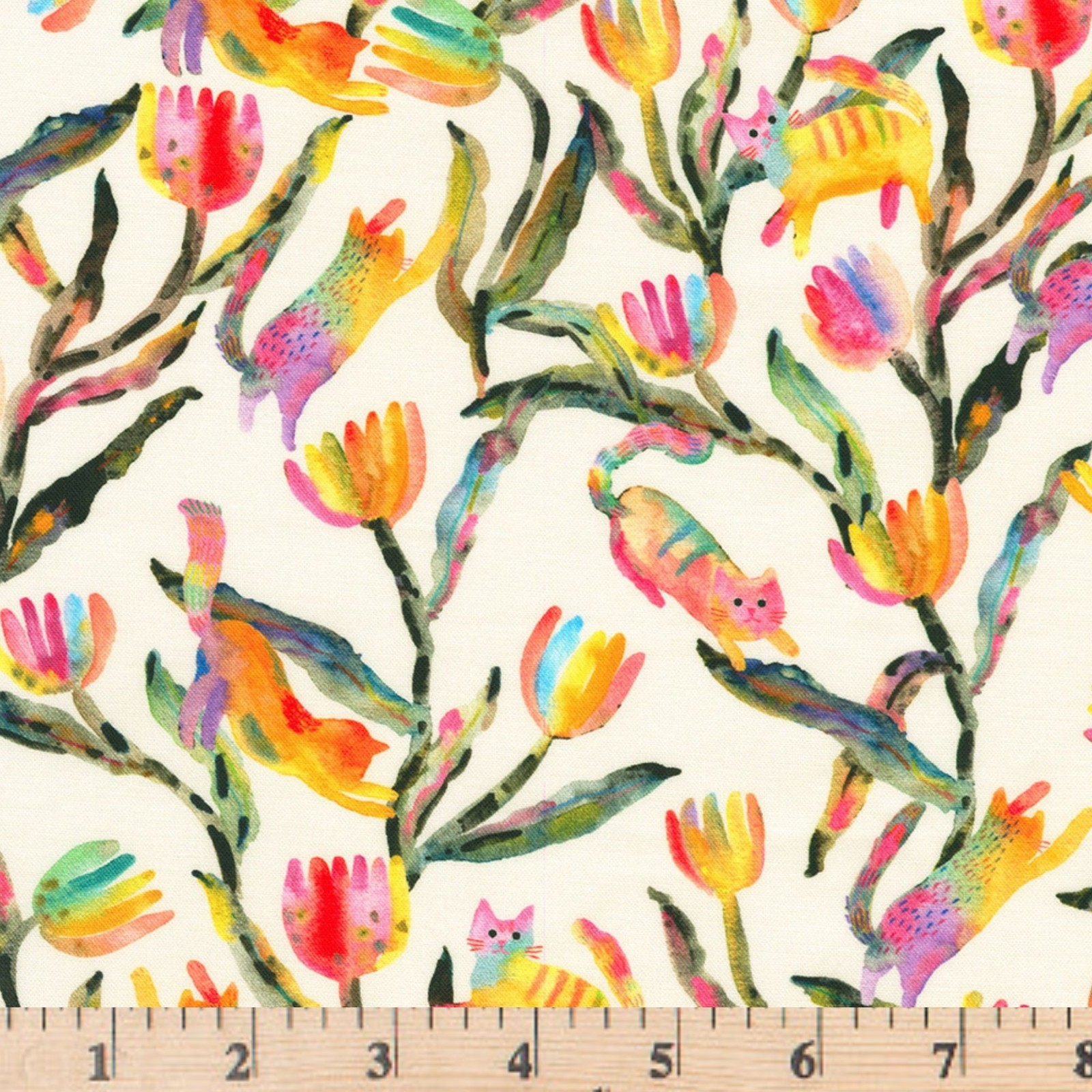 Whisker Wonderland Cream Flowers Cats 23287-87 Cotton Fabric By half yard