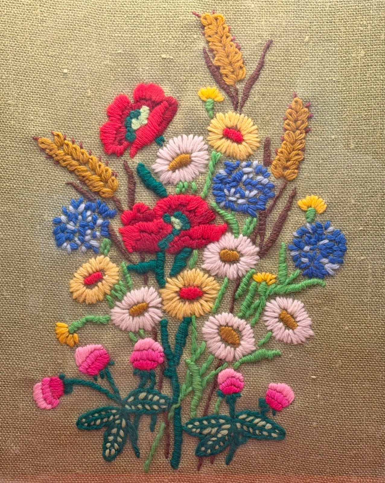 VINTAGE 1970s CREWEL EMBROIDERED PICTURE FRAMED – SUMMER MEADOW FLOWERS – GREAT!