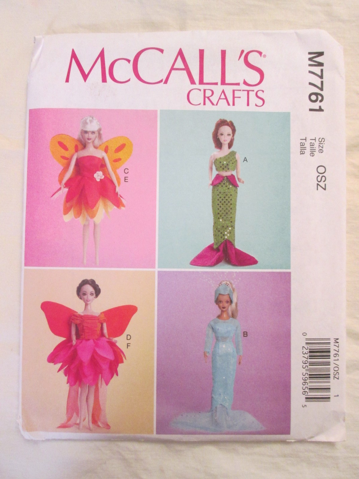 McCalls 7761 Doll Costumes Pattern 11.5″ Mermaid Fairy Princess Wings Clothes UC