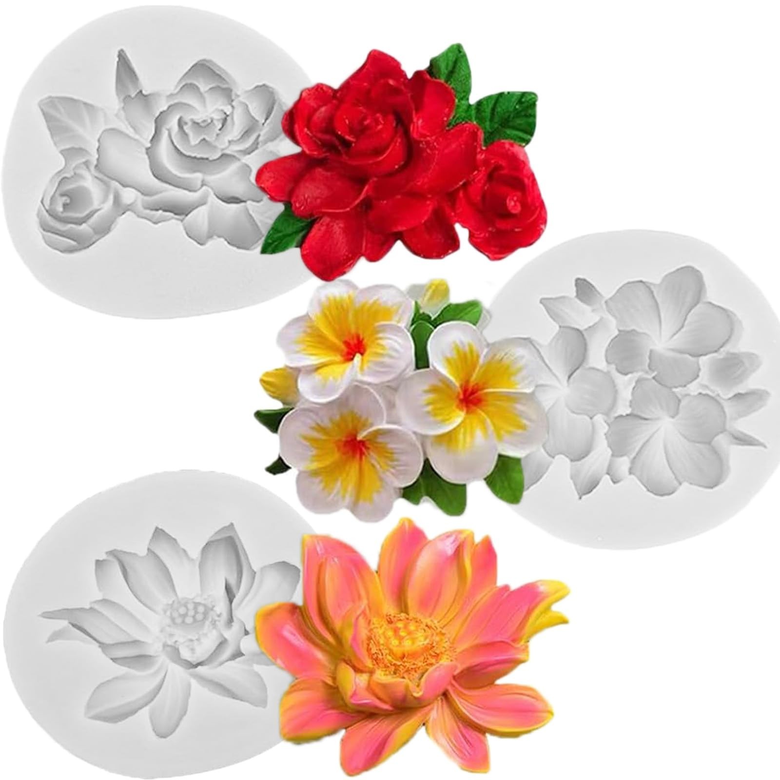 3 pcs Flower Silicone Molds, Hibiscus Plumeria Rose Flower Fondant Silicone M…