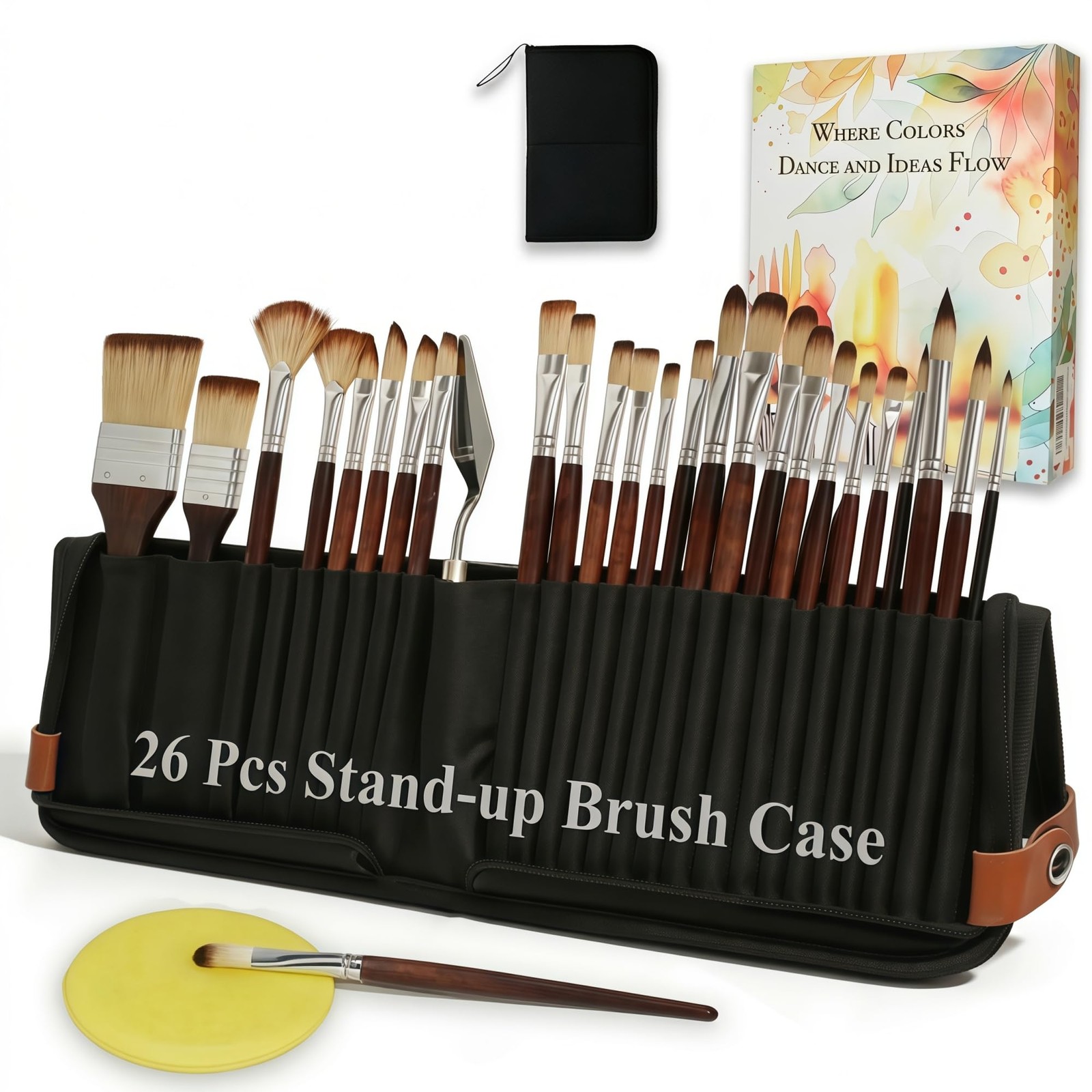 26Pcs Paint Brush Set with Stand-Up Brush Case, Travel Watercolor Acrylic Pai…