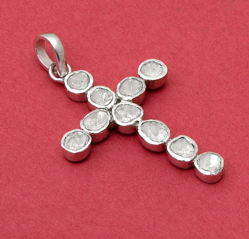 925 Sterling Silver Natural Rose Cut Polki Diamond Cross Pendant Birthday Gift