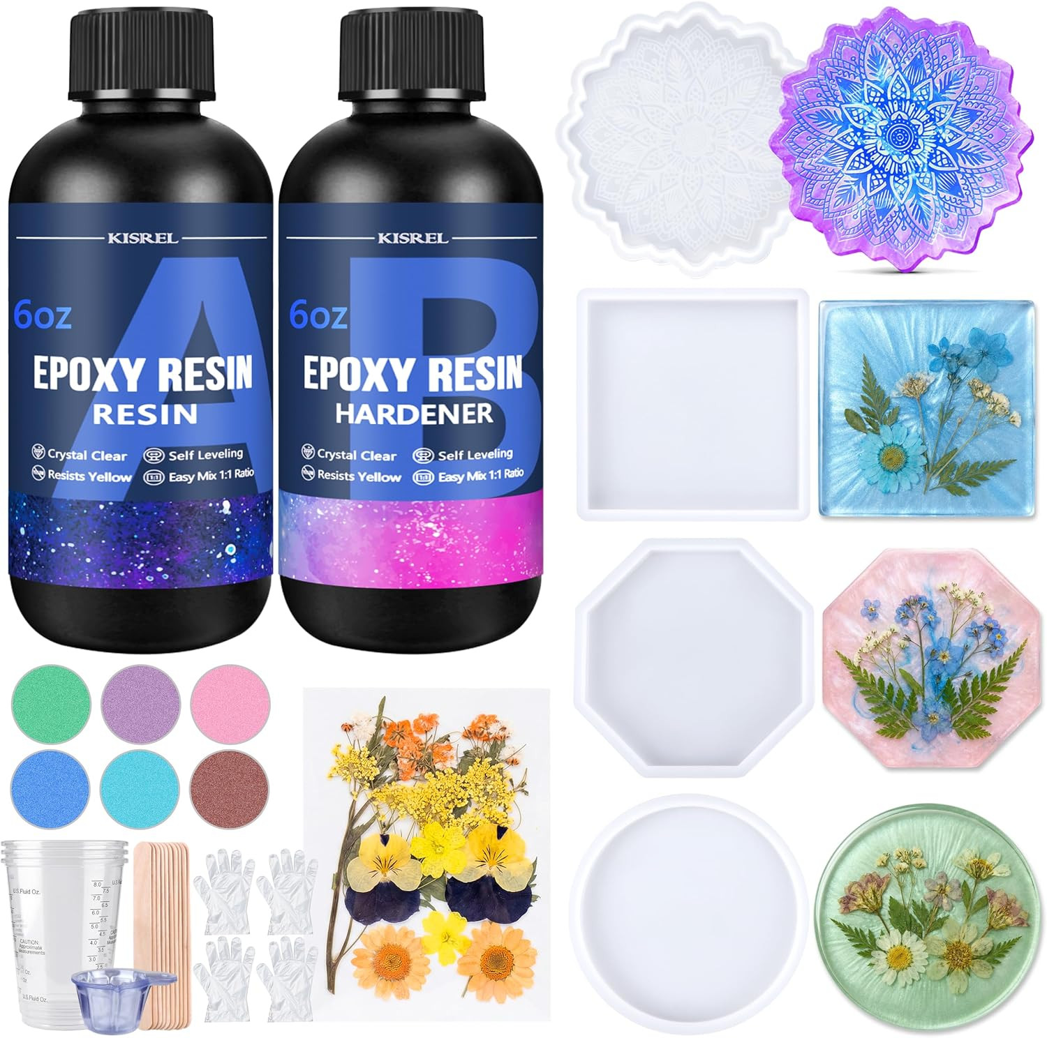 KISREL Epoxy Resin Kit for Beginners, 12OZ Resin Kit with Silicone Coaster Molds