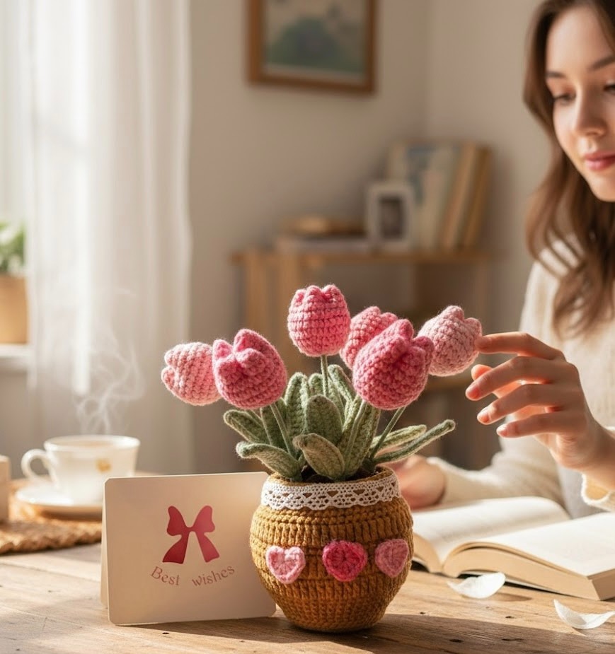 Handmade Crochet Tulip Pot Valentine’s Day Gift for Girlfriend,Friends, Teacher