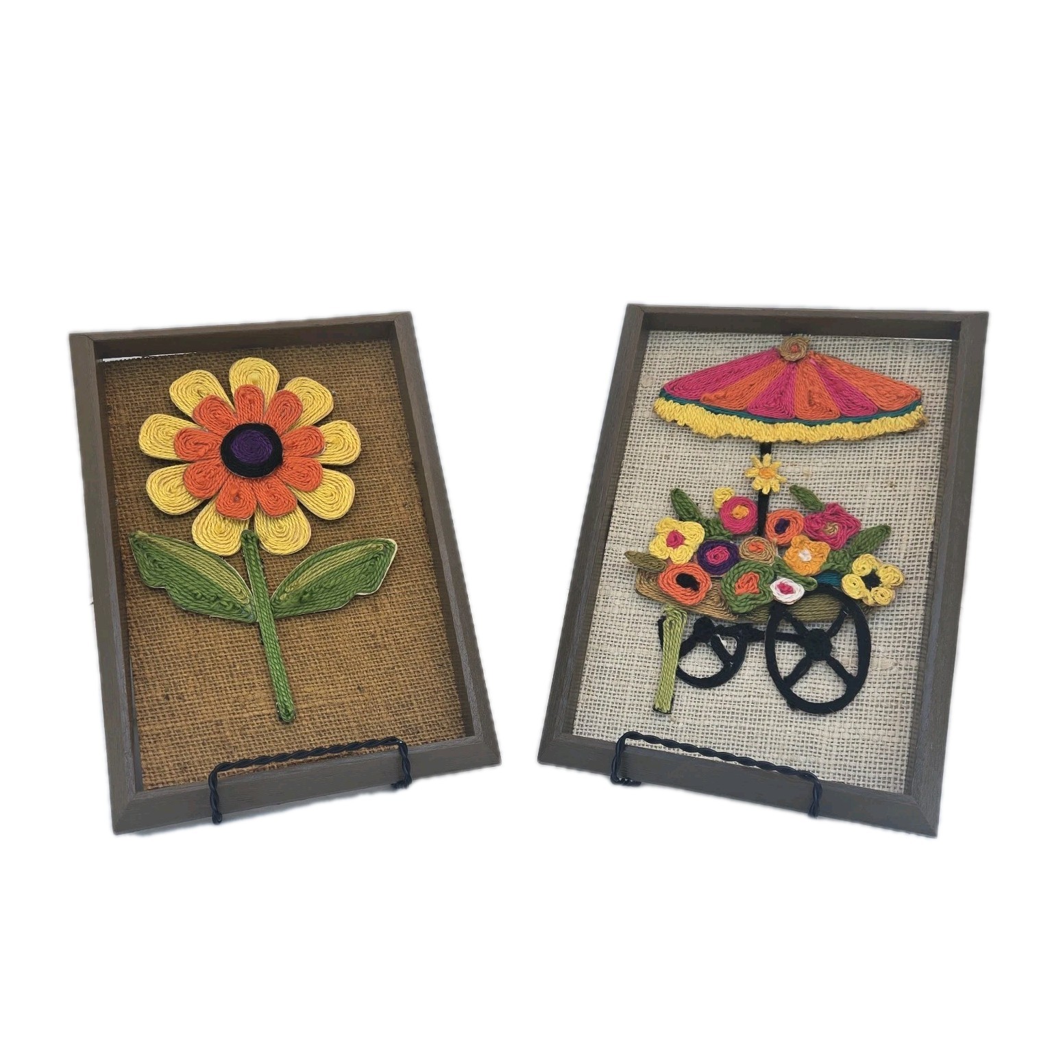 Vtg Revell 3-D Yarn Art Floral Daisy Flower Cart Wall Decor Groovy Boho Cottage