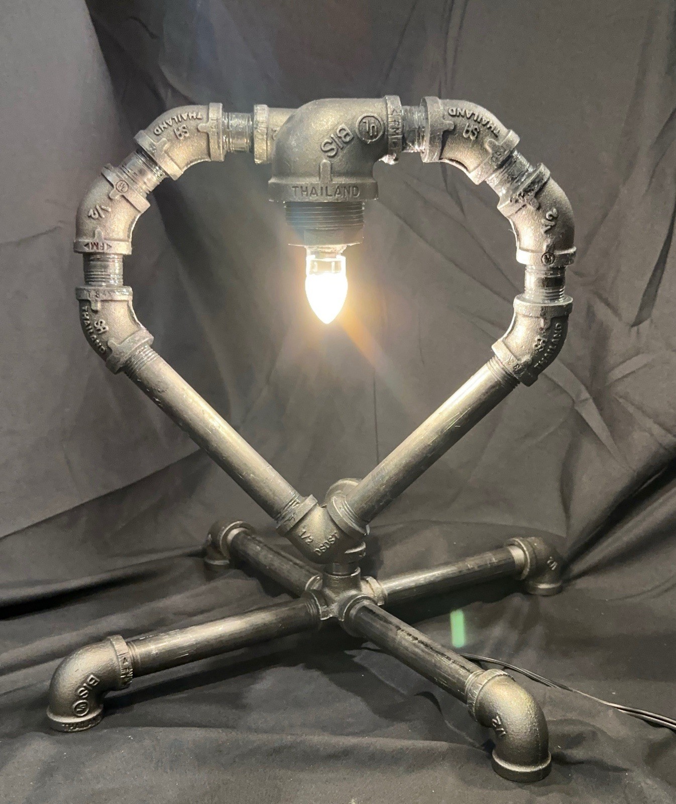 Asymmetrical Heart Two Bulb Desk Top Lamp. Industrial Black Iron Pipe Hand Made.
