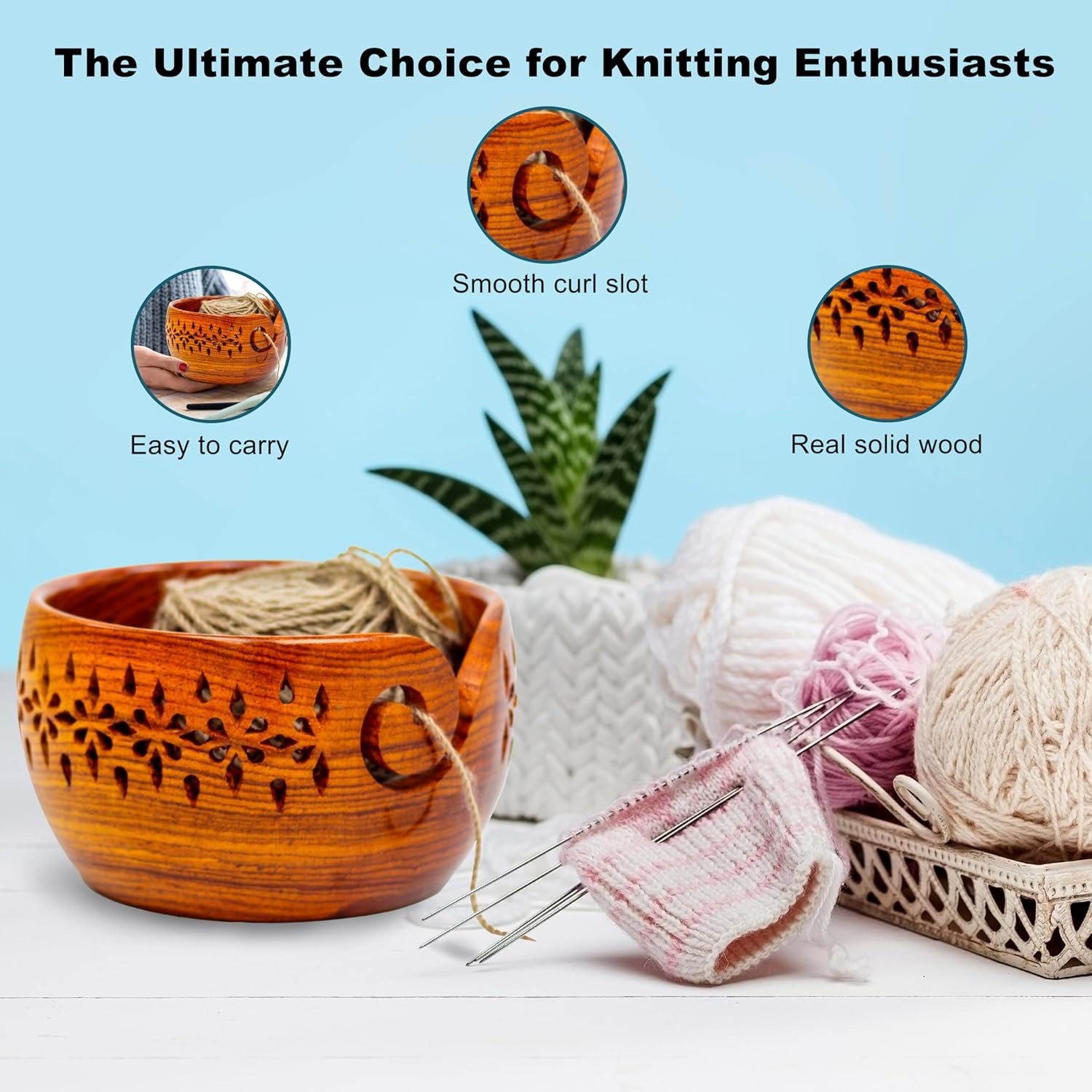Wooden Yarn Bowl Rosewood Crafted Medium Carved Holes Crochet Knitting Access…