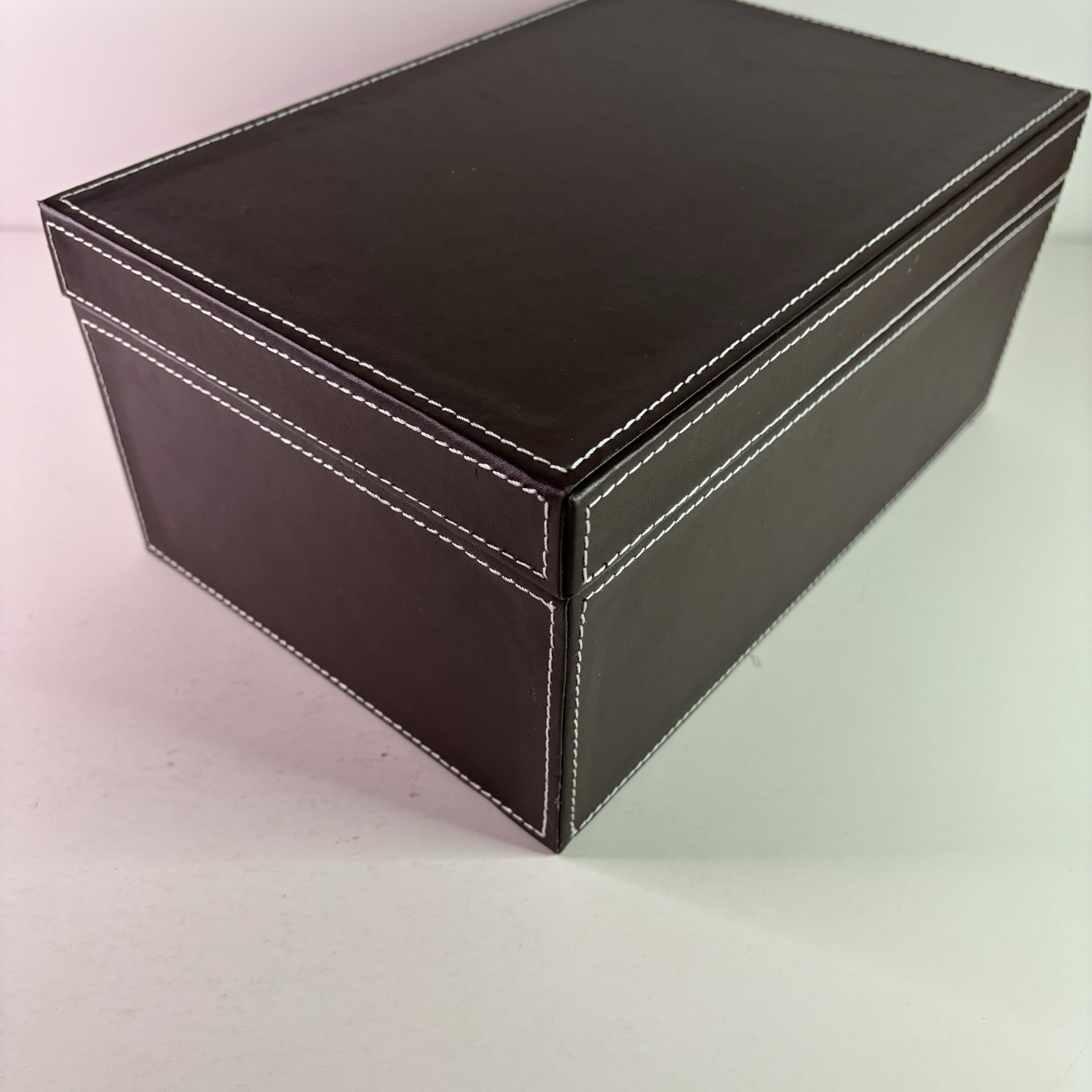 Photo Storage Organizer Box w/ Cases. Faux Brown Leather, Clear Cases with label