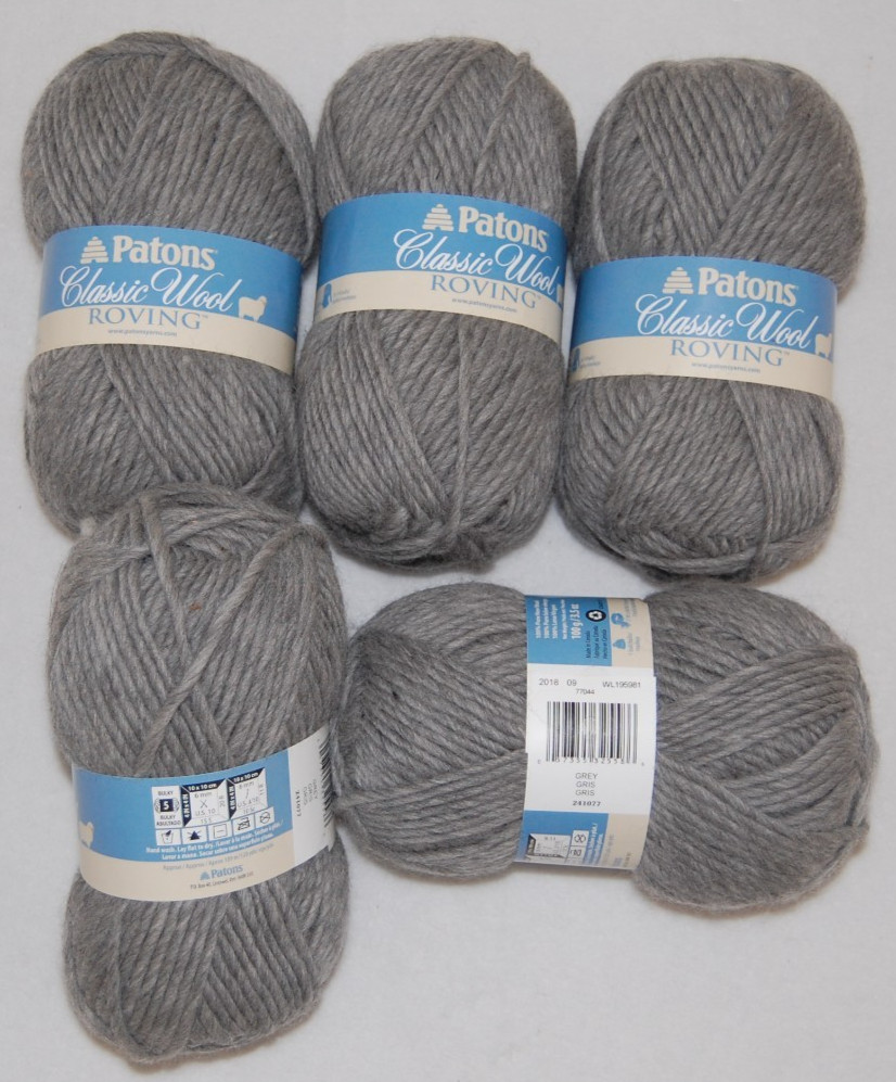 Same Dye Lot of 5, Patons Classic Wool Roving Yarn, Grey