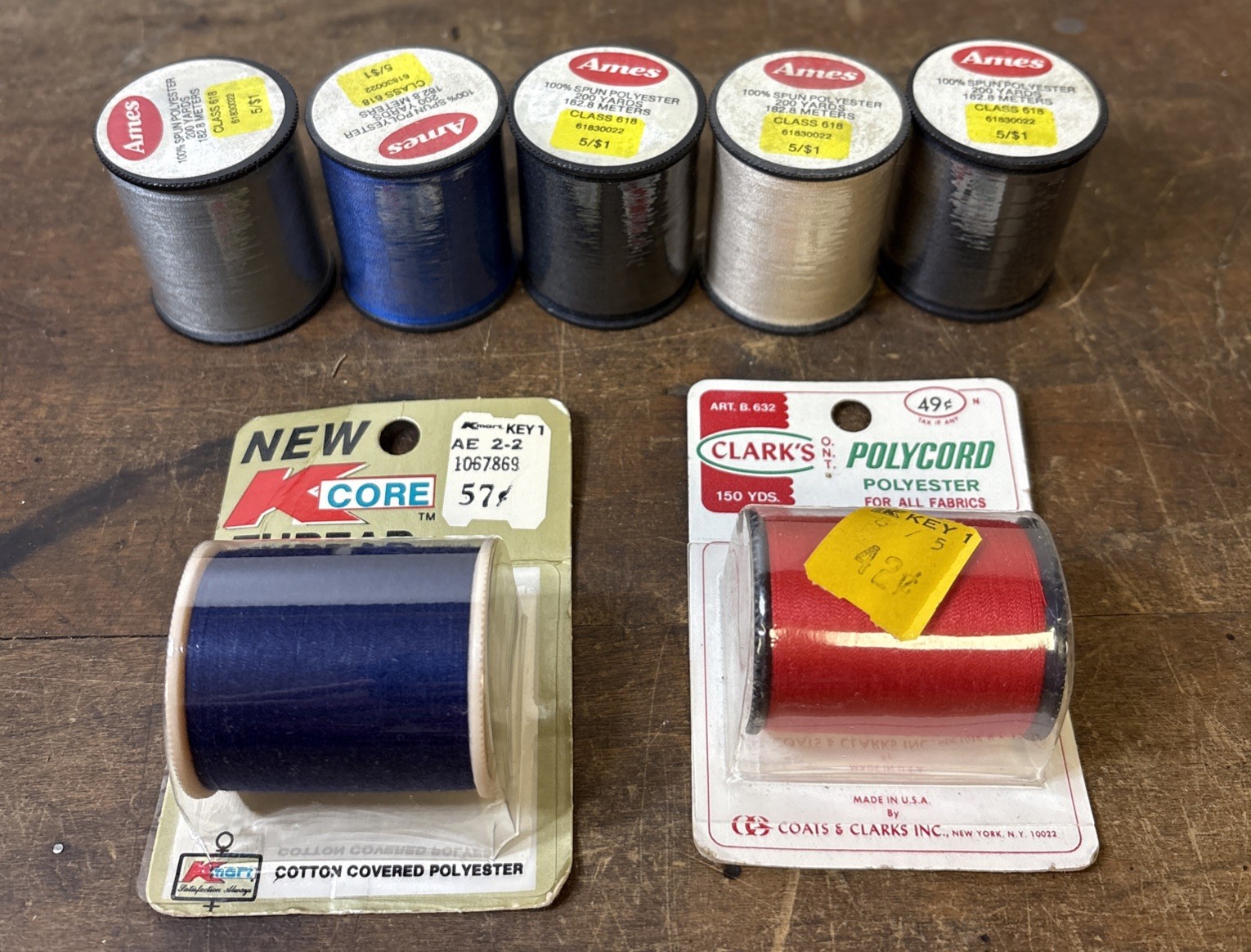 Lot 5 NOS Sealed Spun Polyester Thread Red Blue Black Gray Beige