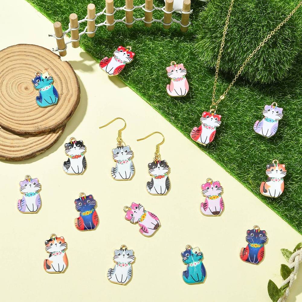 45pcs Enamel Cat Charms Cute Animal Charm Pendants Alloy Enamel Charms for DIY