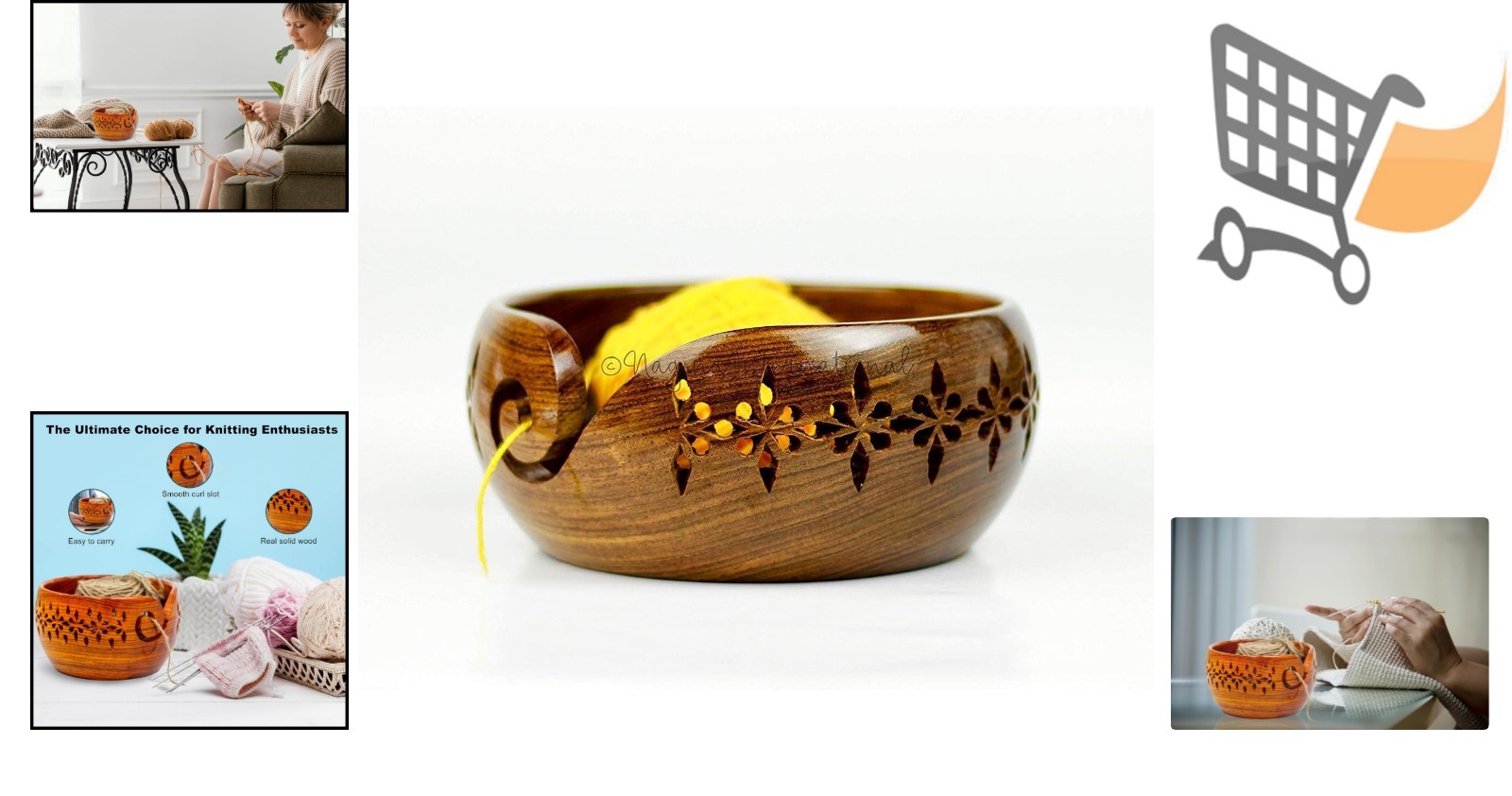 Wooden Yarn Bowl Rosewood Crafted Medium Carved Holes Crochet Knitting Access…