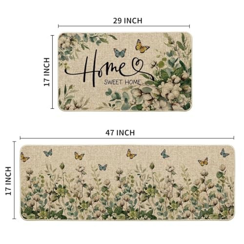 Cotton Plant Leaf Butterfly Home Spring Kitchen Mats Set of 2, Home Decor Low