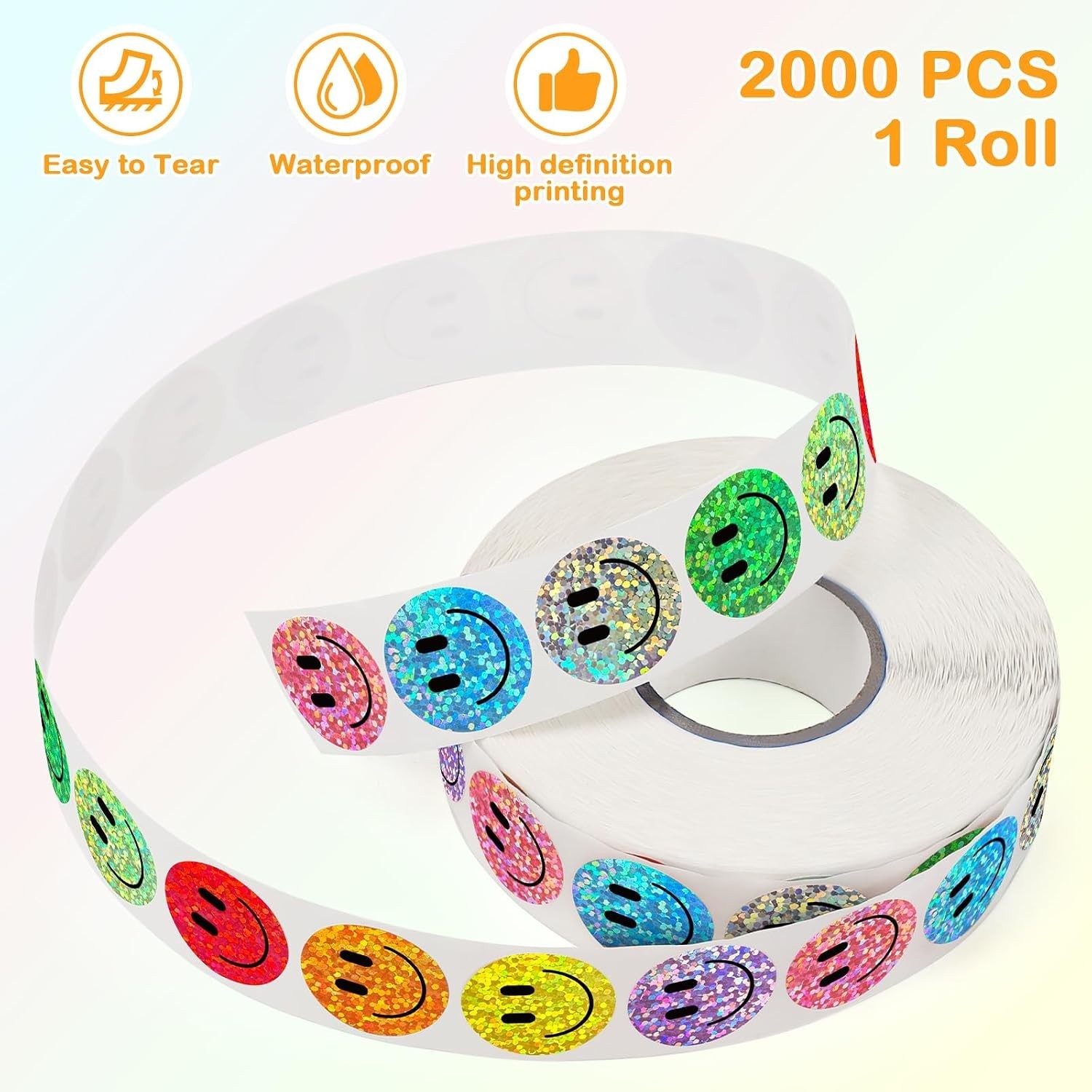 2000 Pack Sparkly Smile Face Stickers 1 Inch Reward Labels 10 Colors Waterproof
