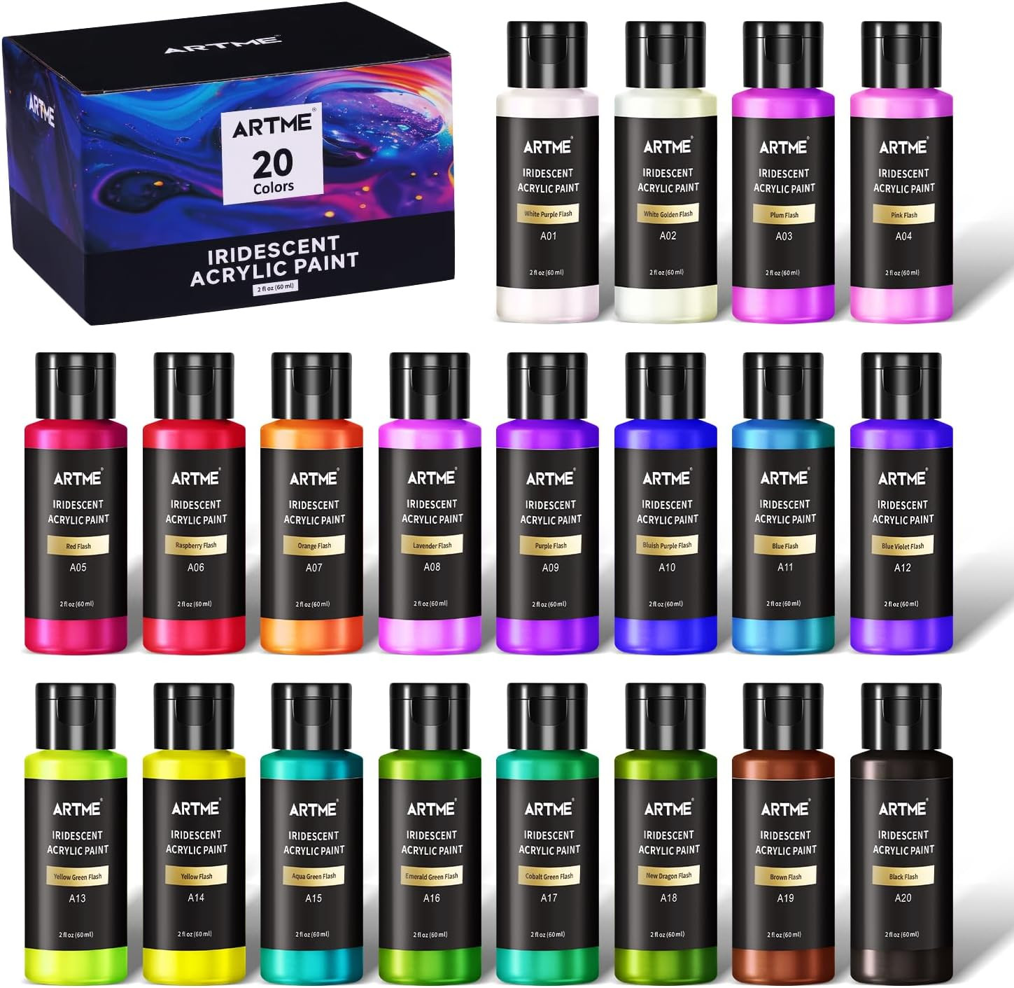 Iridescent Acrylic Paint Set, 20 Chameleon Colors in 2 Oz/60Ml Bottles, Color-Sh