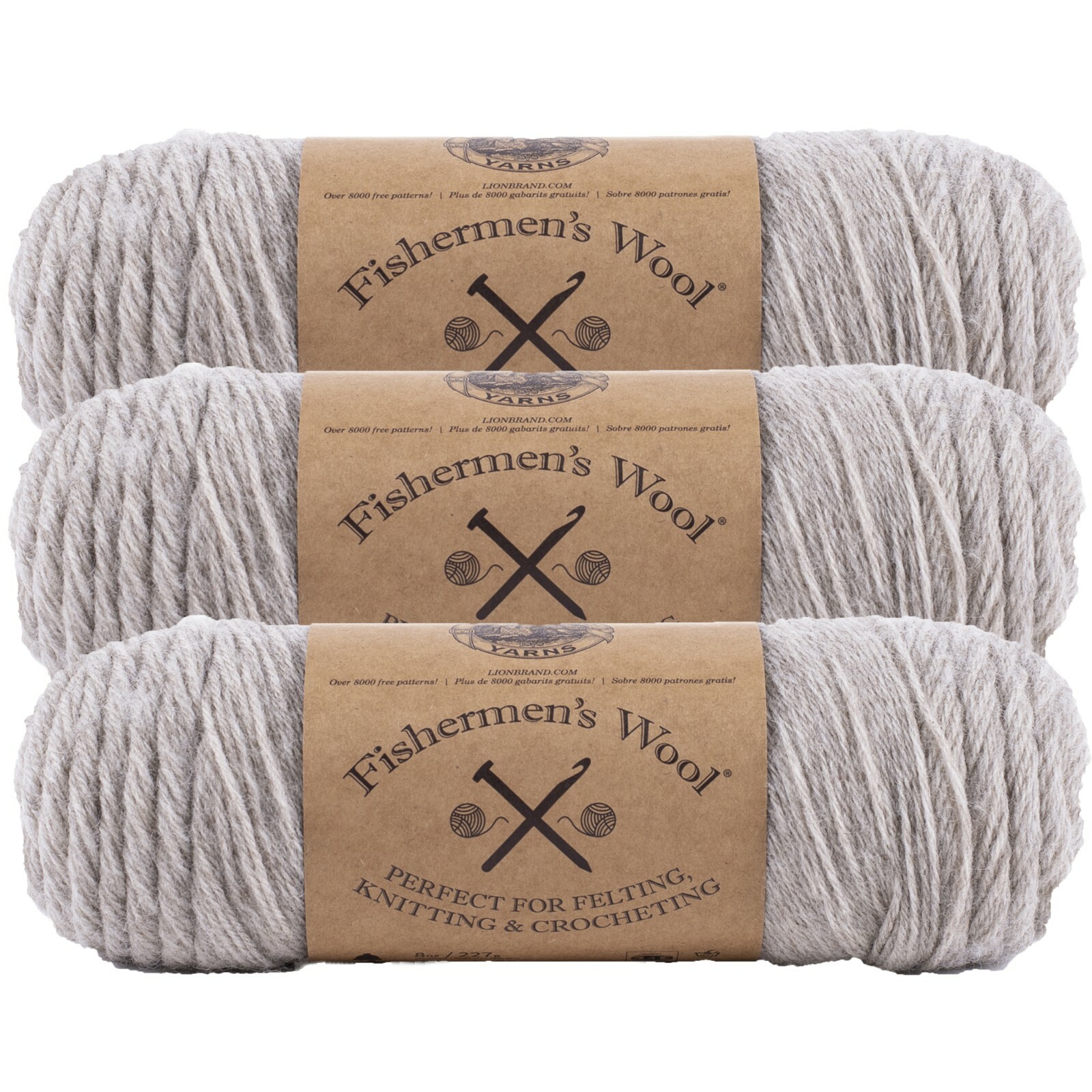 (3 Pack) Lion Brand Yarn 150-123E Fishermen’s Wool Yarn, Oatmeal
