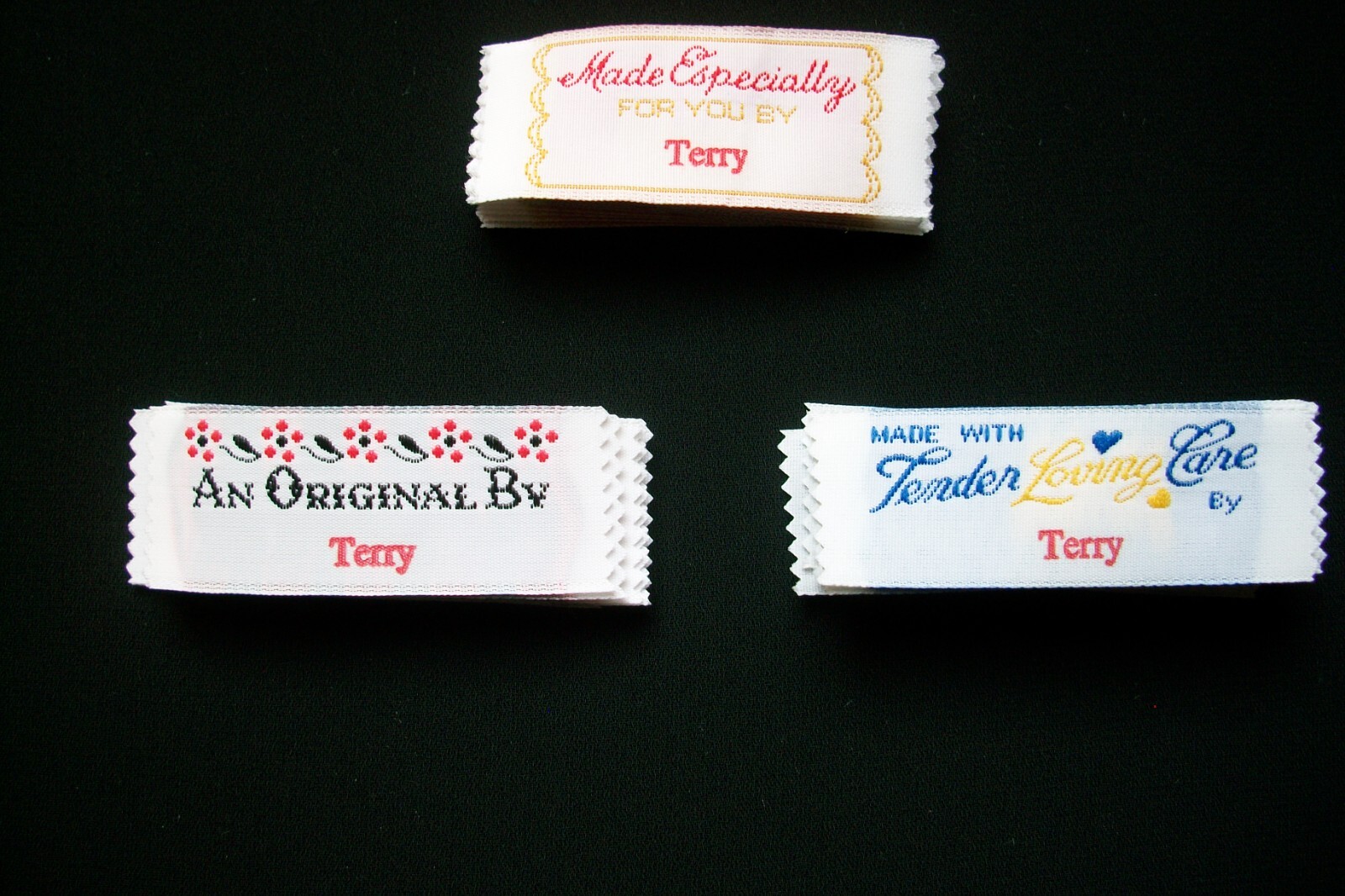 60 Personalized (“Terry”) 100% Woven Sewing Labels Approx. 7/8″ x 2 1/4″