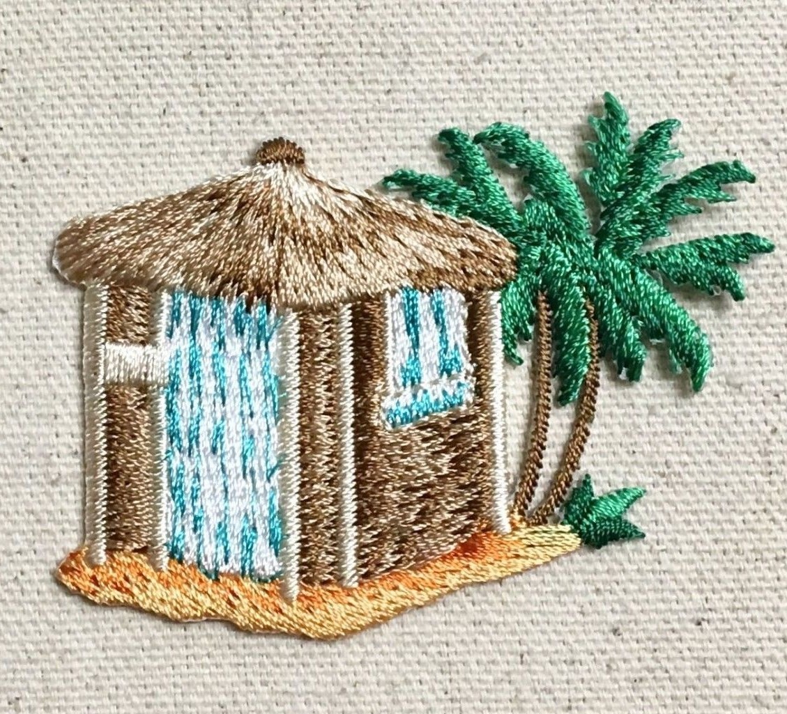 Tropical Tiki Hut with Palm Trees Beach Embroidered Iron on Patch