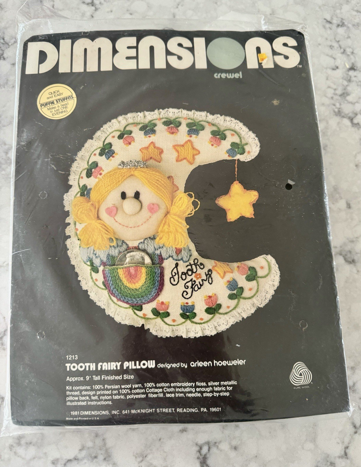Vintage 1981 Dimensions Crewel Kit #1213 Tooth Fairy Pillow 9″ NEW/SEALED