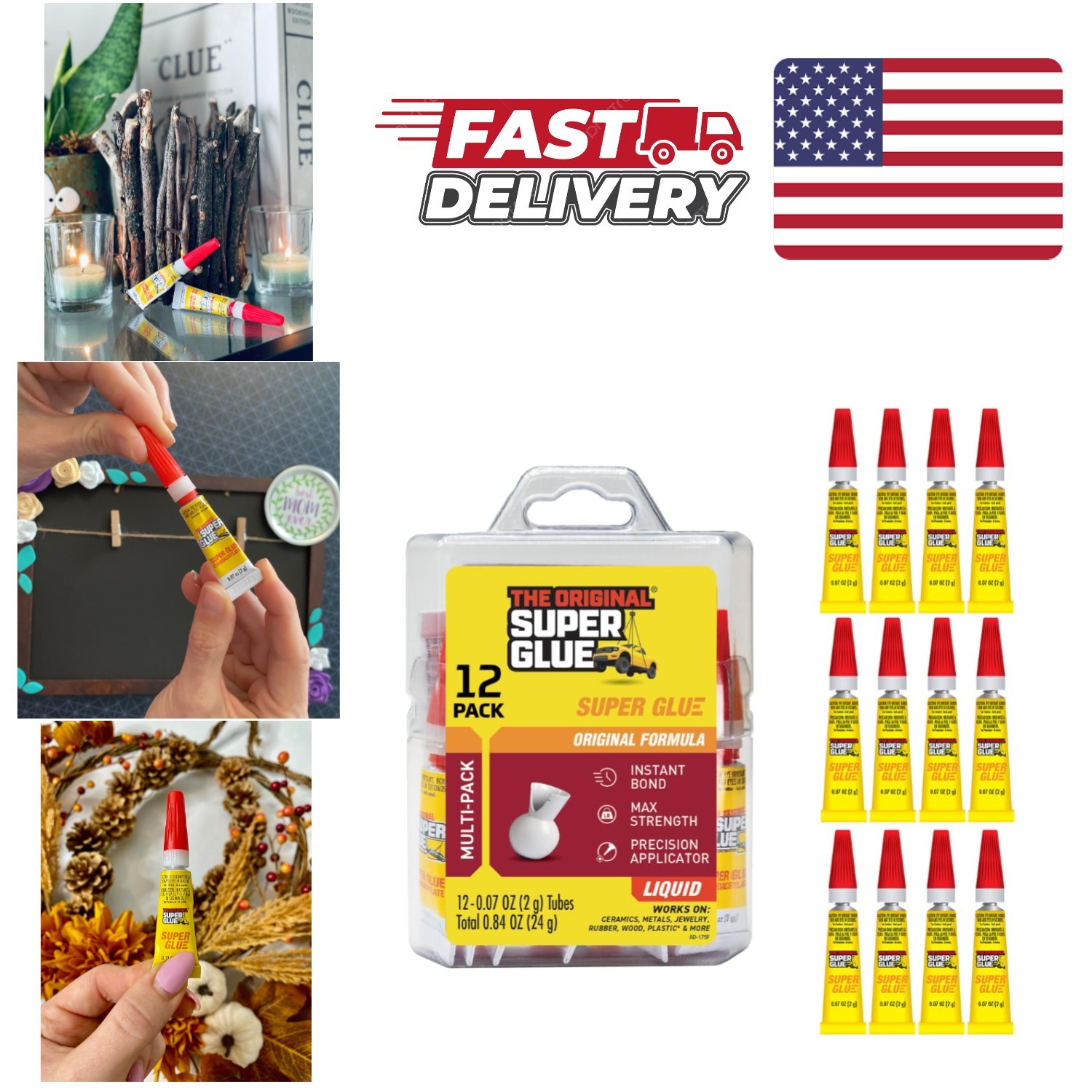 Liquid Super Glue 12 Pack Clear Cyanoacrylate Adhesive Fast Drying Precision Tip
