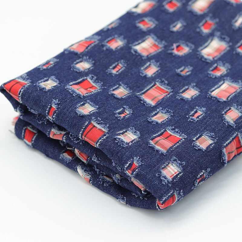 DIY Denim Red Checked Fabric Ripped Distressed Craft for Jeans Coat Jacket Sew