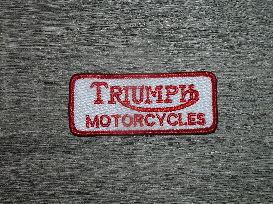Triumph Motorcycle White/Red Embroidered Iron On Patch 3″ x 1.25″