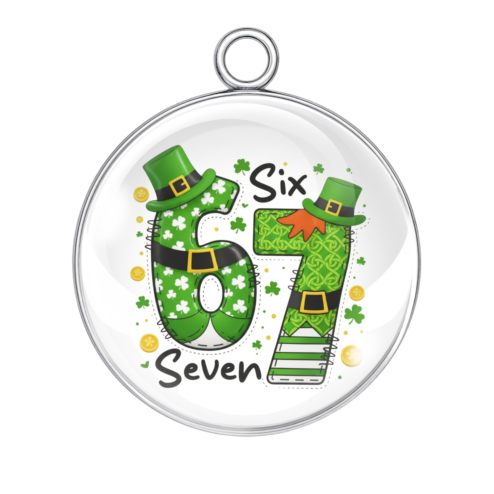 Lucky 67 St. Patrick’s Day Charm – Shamrock Numbers Glass Cabochon Pendant