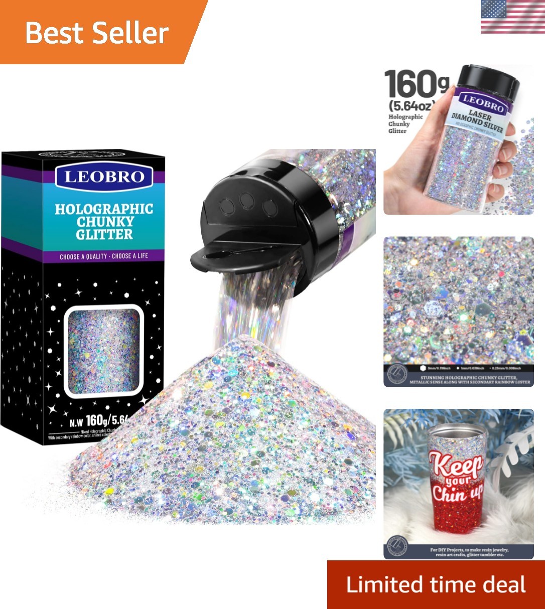 Silver Glitter, 160G/5.64OZ Holographic Chunky Glitter for Crafts, Resin, Bod…