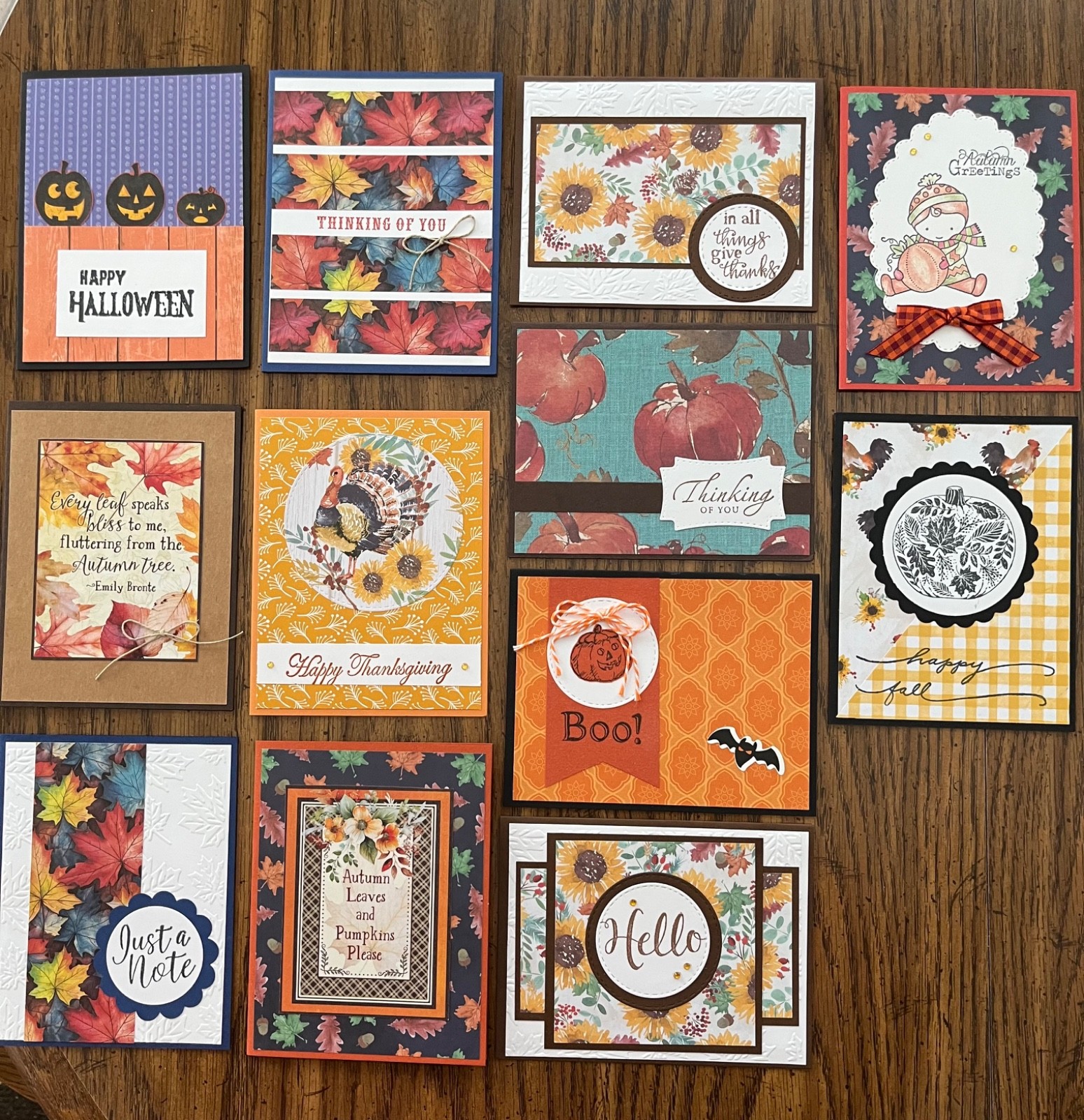 12 handmade Fall Autumn cards. Fully Assembled cards. 0177
