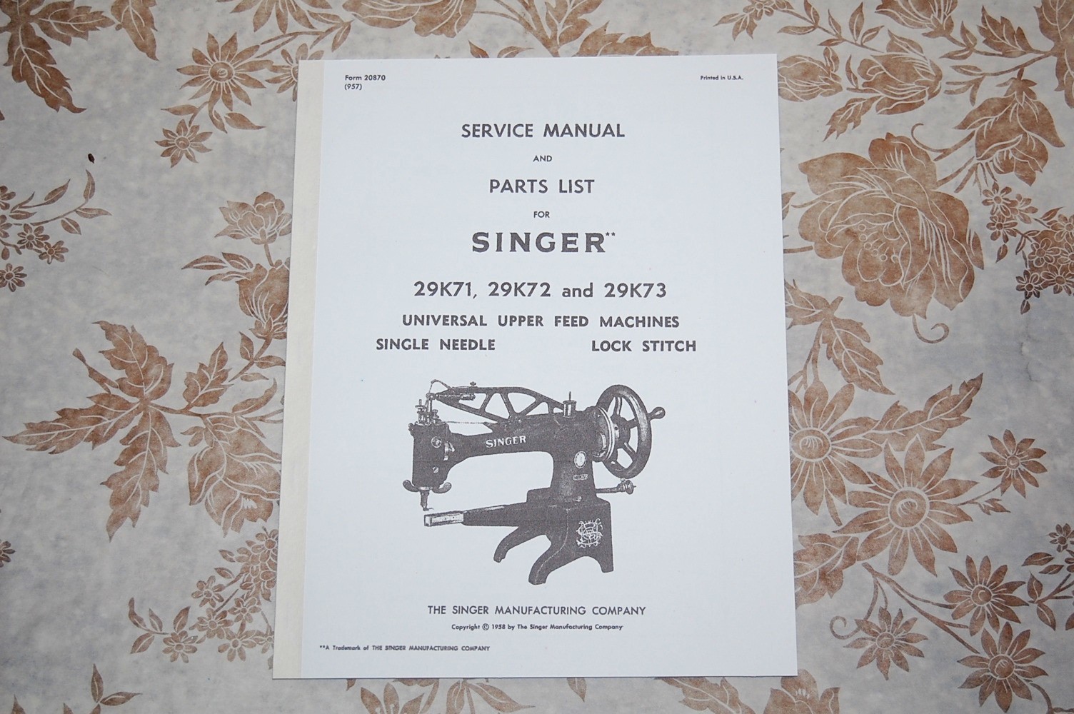 Service + Illustrated Parts Manual for Singer Sewing Machines 29k71 29k72 29k73