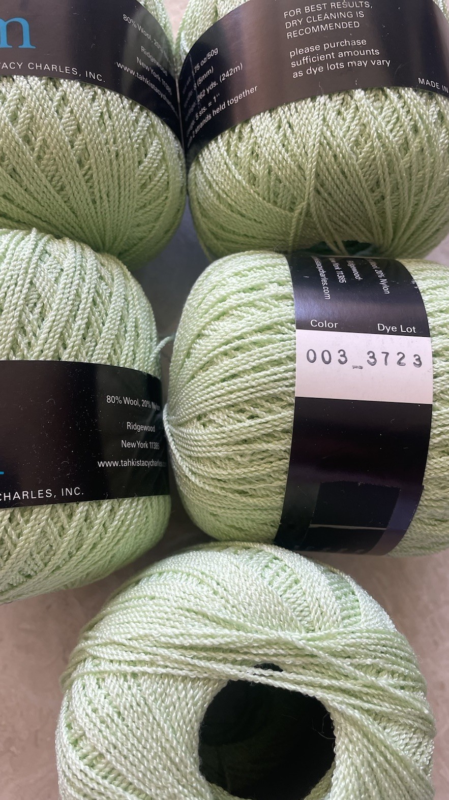Lot of 5, Tahki Yarns DREAM, 80% Wool/20% Nylon, 50g/242y, col#003, Pale Green