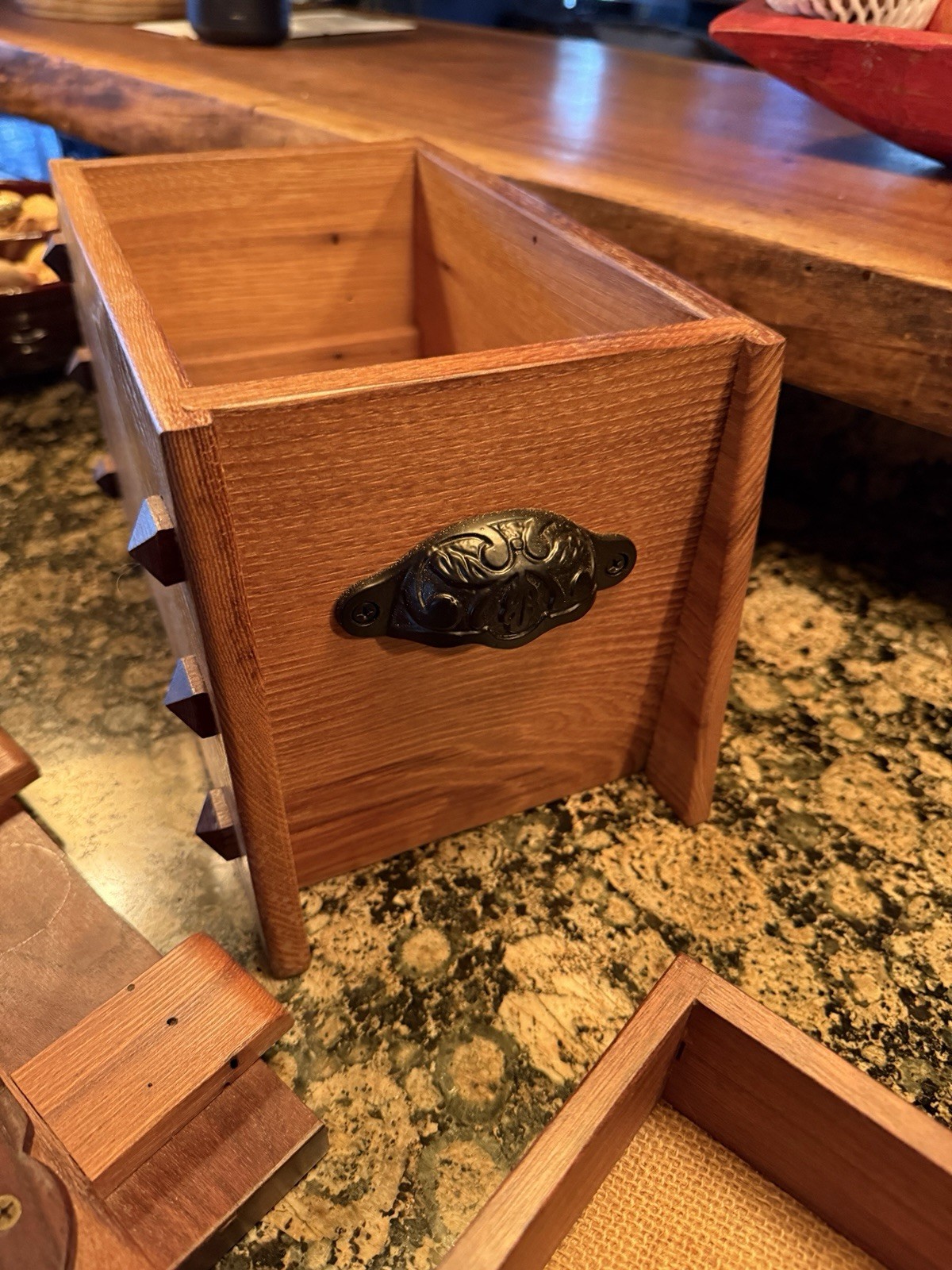 Multi-use Handmade box, made with Wormy Chestnut and Walnut wood, Iron Handles