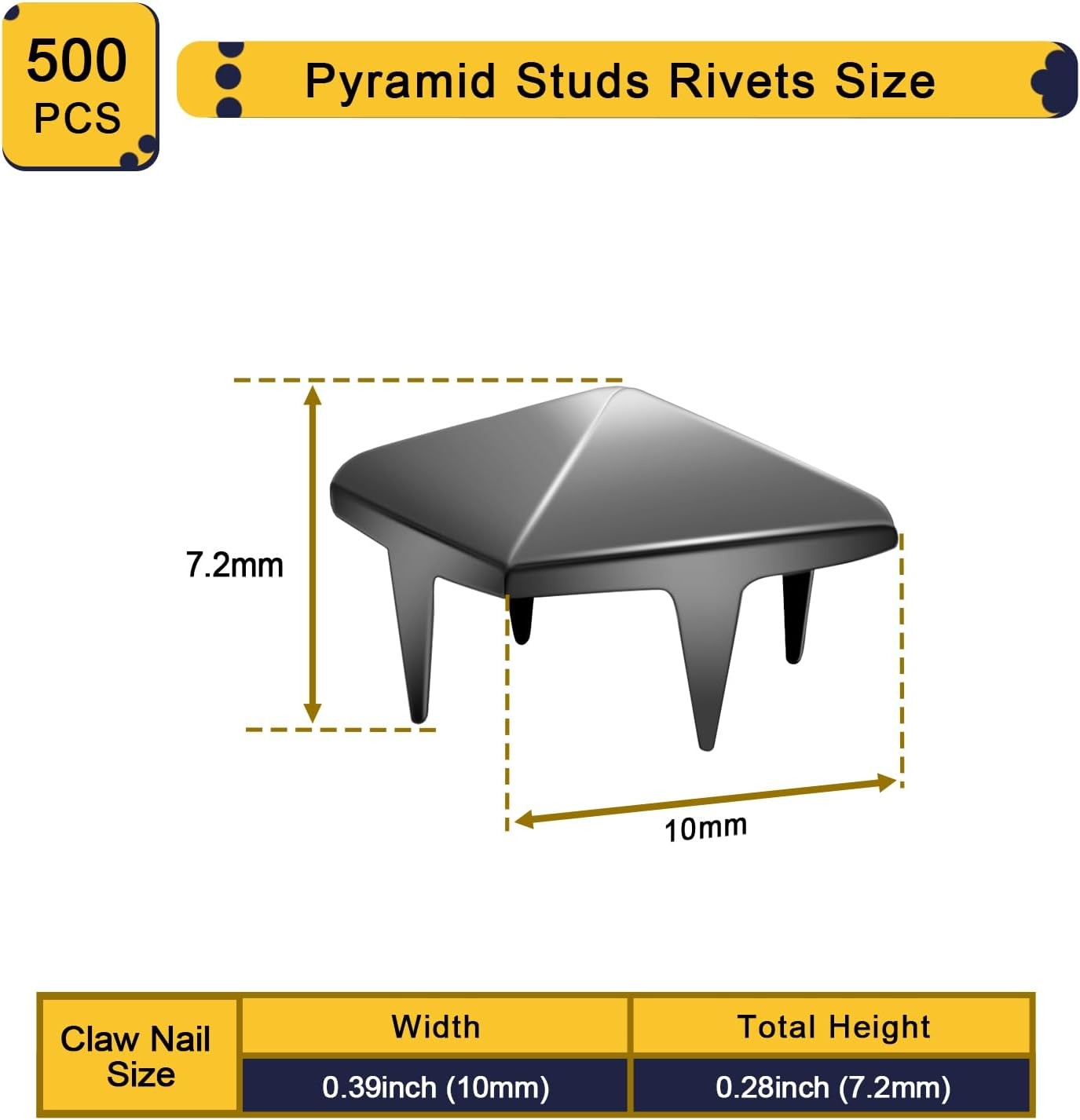 500 Pcs 10mm Metal Pyramid Studs for Clothing, Shoes, DIY Accessories