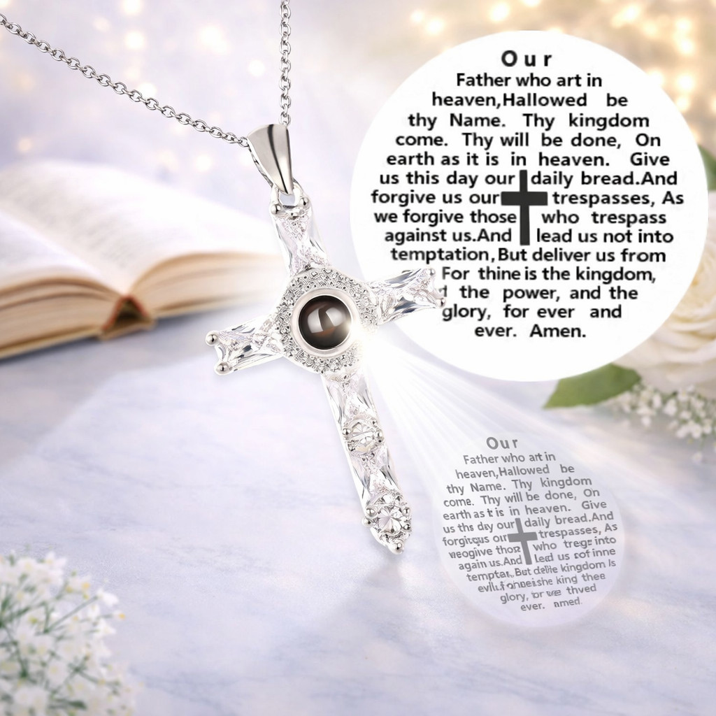 Lords Prayer Cross Necklace Vintage Antique Religious Pendant Silver Tone
