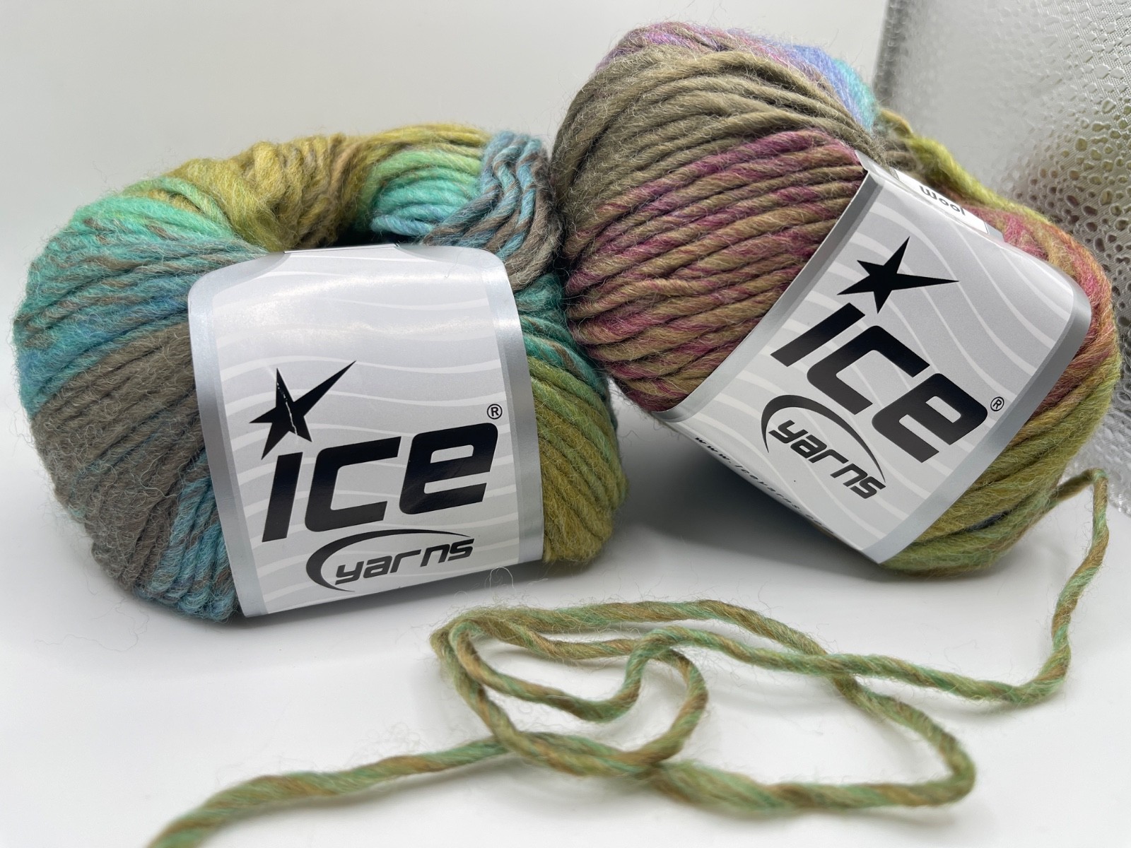 LOT of 2 Blue Green Rose Brown Gold + Vivid Wool 34606 Ice Yarns Wool, Acrylic