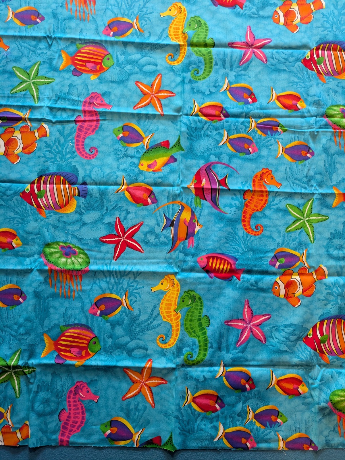 Cranston Fabric Tropical Fish Ocean Seahorse Starfish 56″ X 45” Bright Blue Aqua