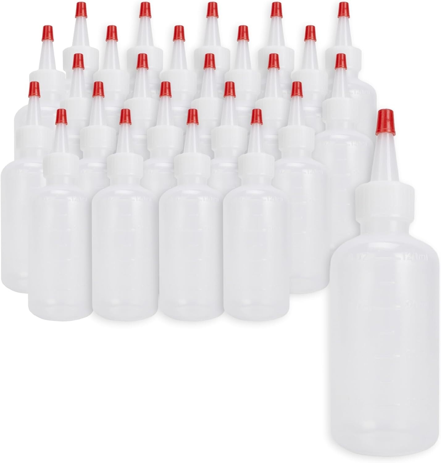 25 Plastic Boston Round Squeeze Bottles, 4oz Dropper with Yorker Red Tip Caps