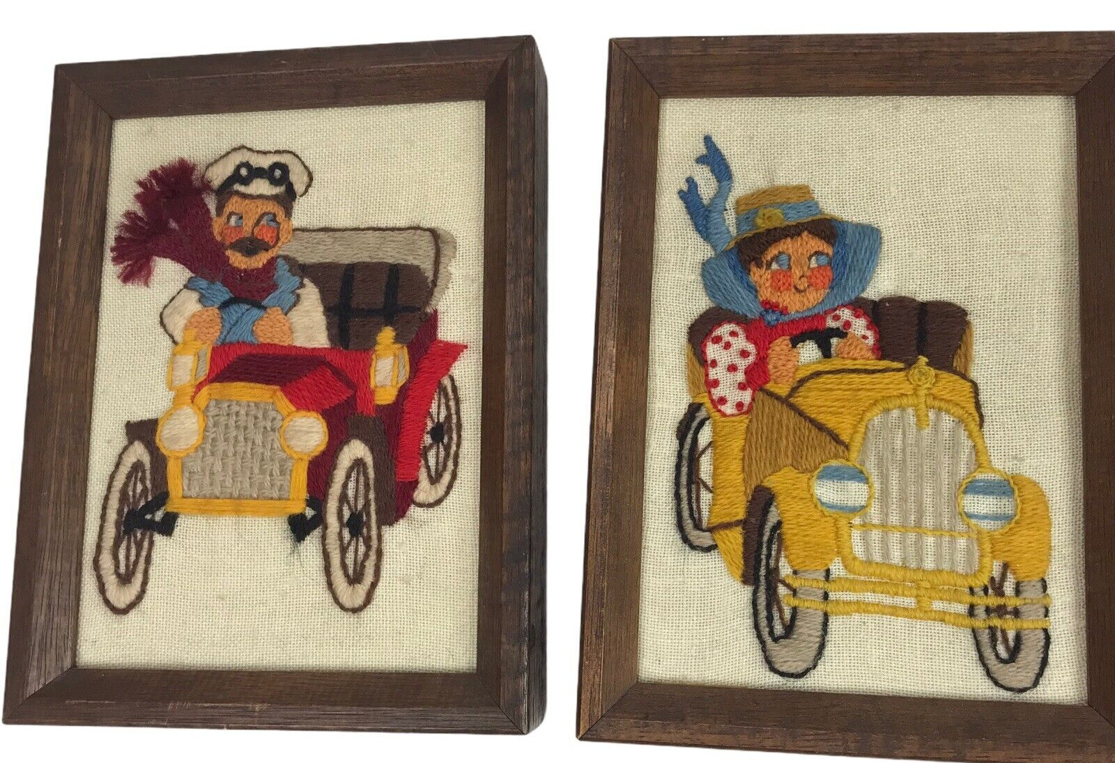 VTG Needlework Embroidery Framed Jiffy Stitchery Automobiles Off to Races Social