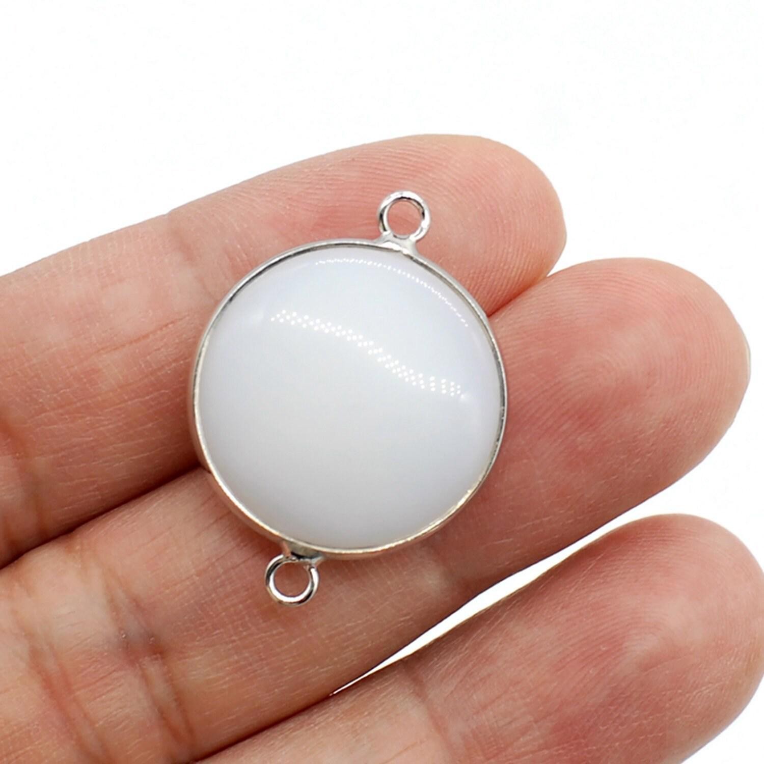 1PC Silver Tone Genuine White Jade Gemstone Bezel Charm Connector NBHK35-#3
