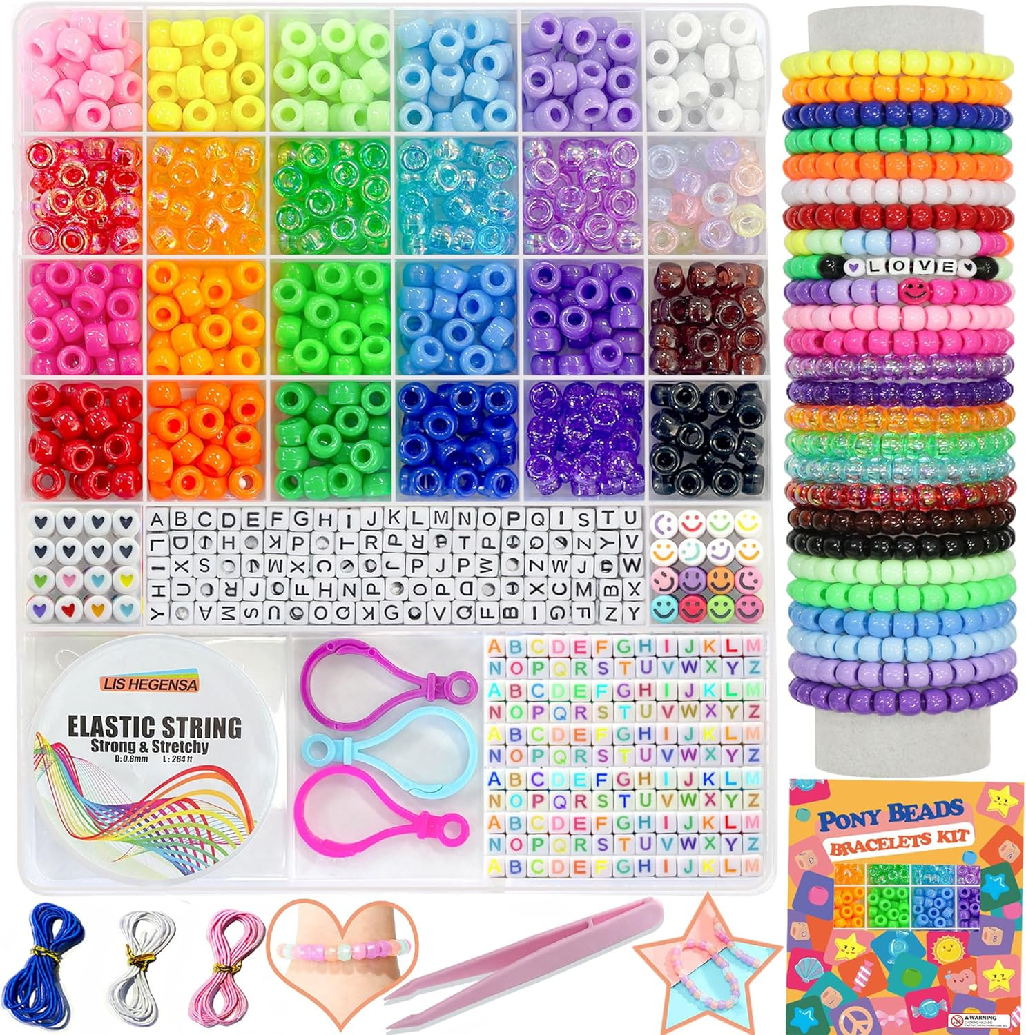Pony Beads Bulk 1000PCS 24 Colors Kandi Beads for Jewelry Hair Braiding Craft