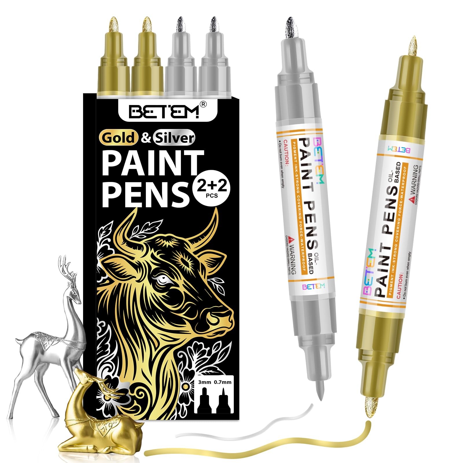 Oil Based Paint Markers, Dual Tip Paint Pens0.7mm & 3mm, Gold Silver Permanen…