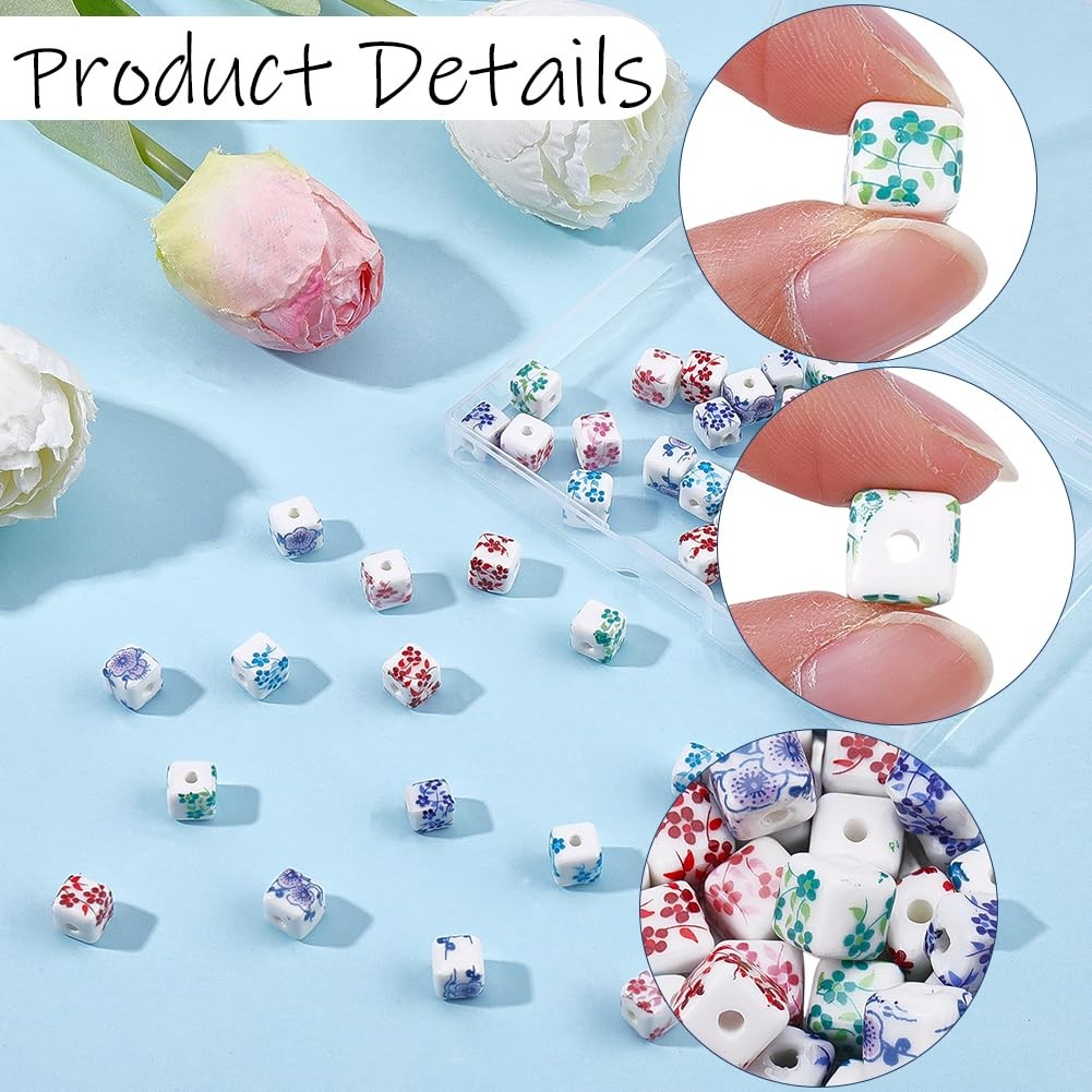 SUNNYCLUE 1 Box 60Pcs Ceramic Cube Beads Porcelain Flower Bead 8.5×8.5×8.5mm …