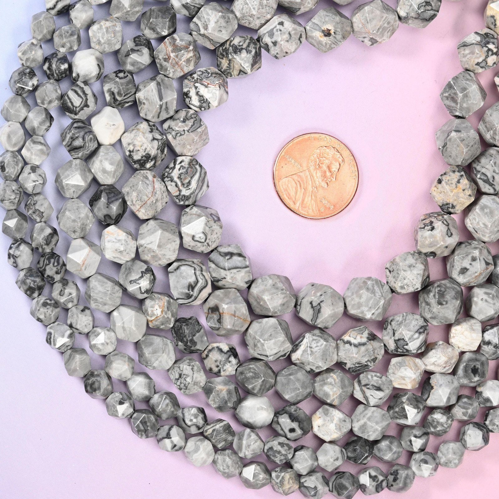 Map Jasper Beads: Faceted Diamond Star Cut, 6-10mm, 15.5 inch Strand