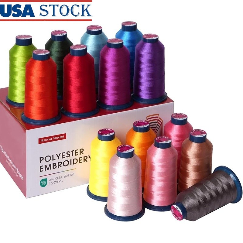 Polyester Embroidery Thread 15 Color Set 40 WT Durable High Strength Machines US