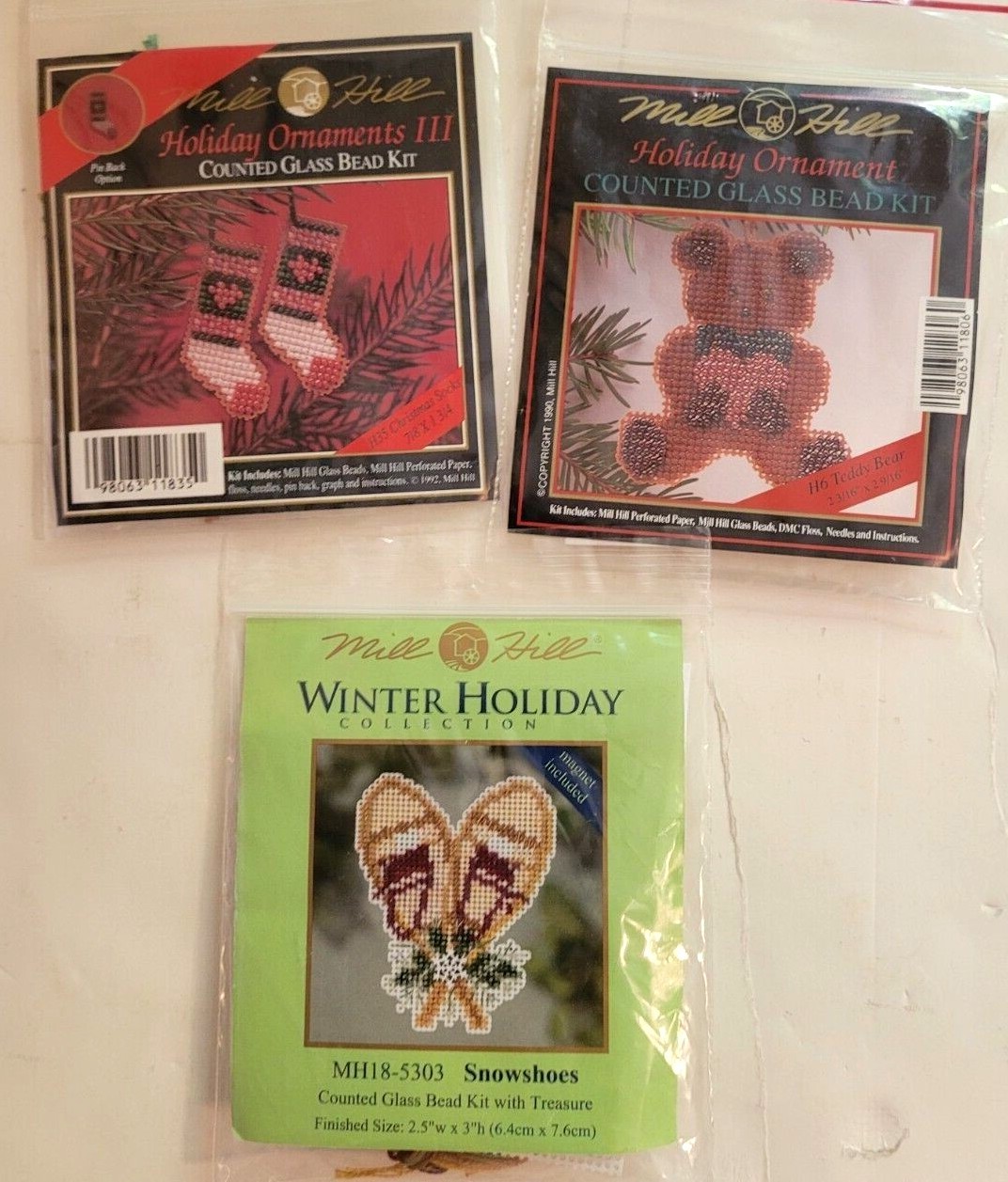 Teddy Bear, Christmas Socks, Snowshoes, Mill Hill, complete kits, see details