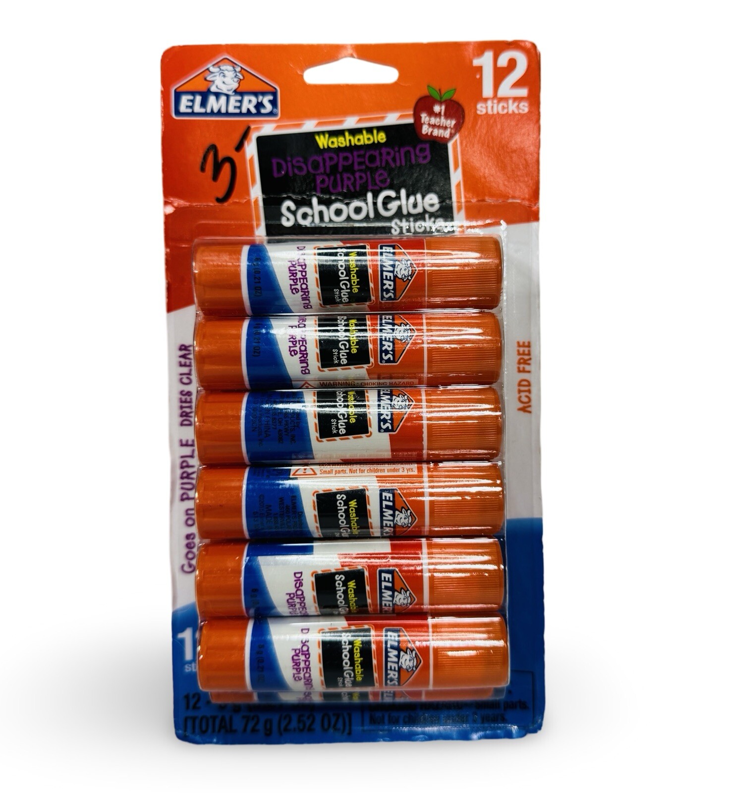 Elmer’s Disappearing Purple School Glue Sticks, Washable, 6 g (0.21 Oz), 12 Ct