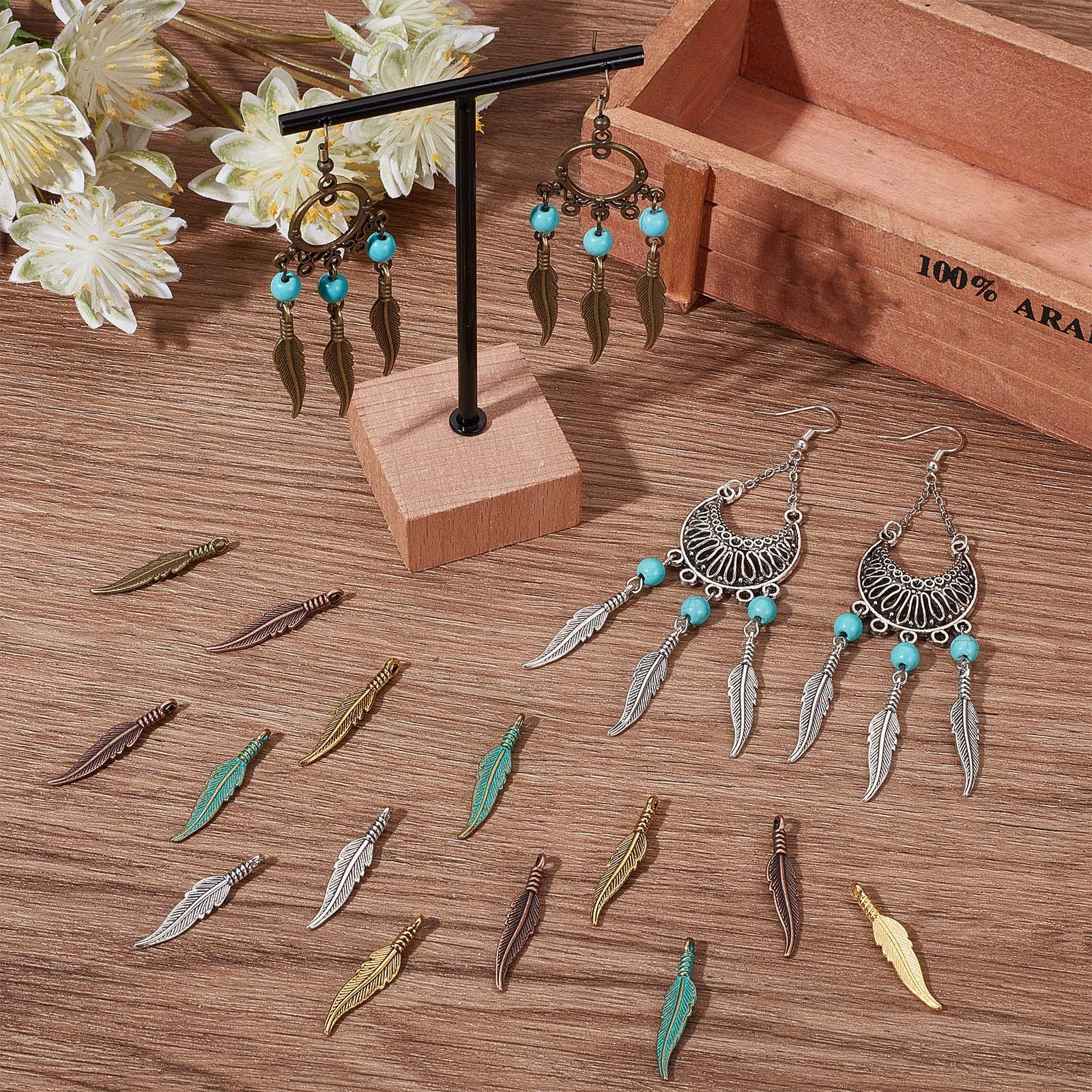 SUNNYCLUE 1 Box 120Pcs Feather Charms Bulk Bohemian Style Small Multicolor
