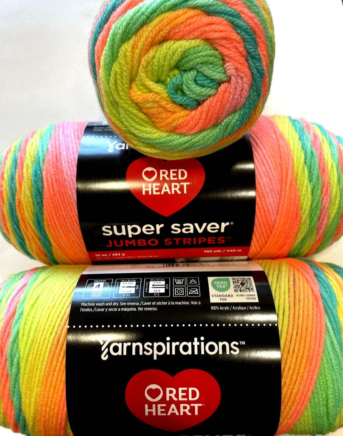 (3 SKEINS) Red Heart Super Saver JUMBO YARN “RETRO STRIPES” 10oz ea/283g/482yds