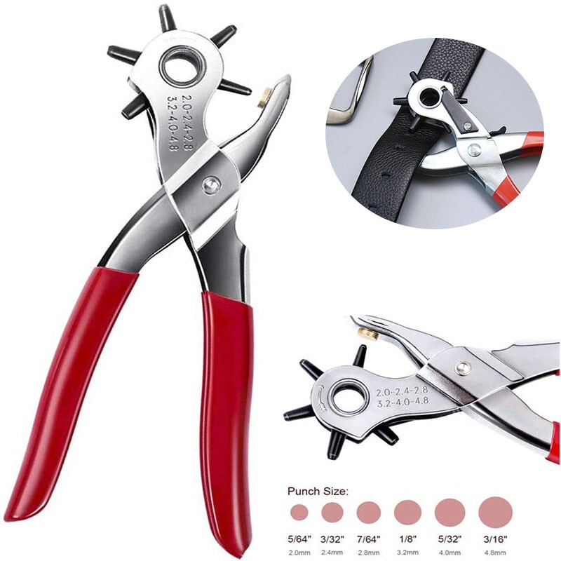 6 Sizes Heavy Duty Revolving Leather Hole Punch Pliers Multi Belt Hole PunchTool