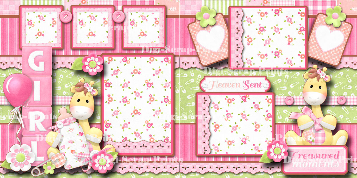 BABY GIRL ~ 2 premade scrapbook pages paper piecing layout BY DIGISCRAP #A0057